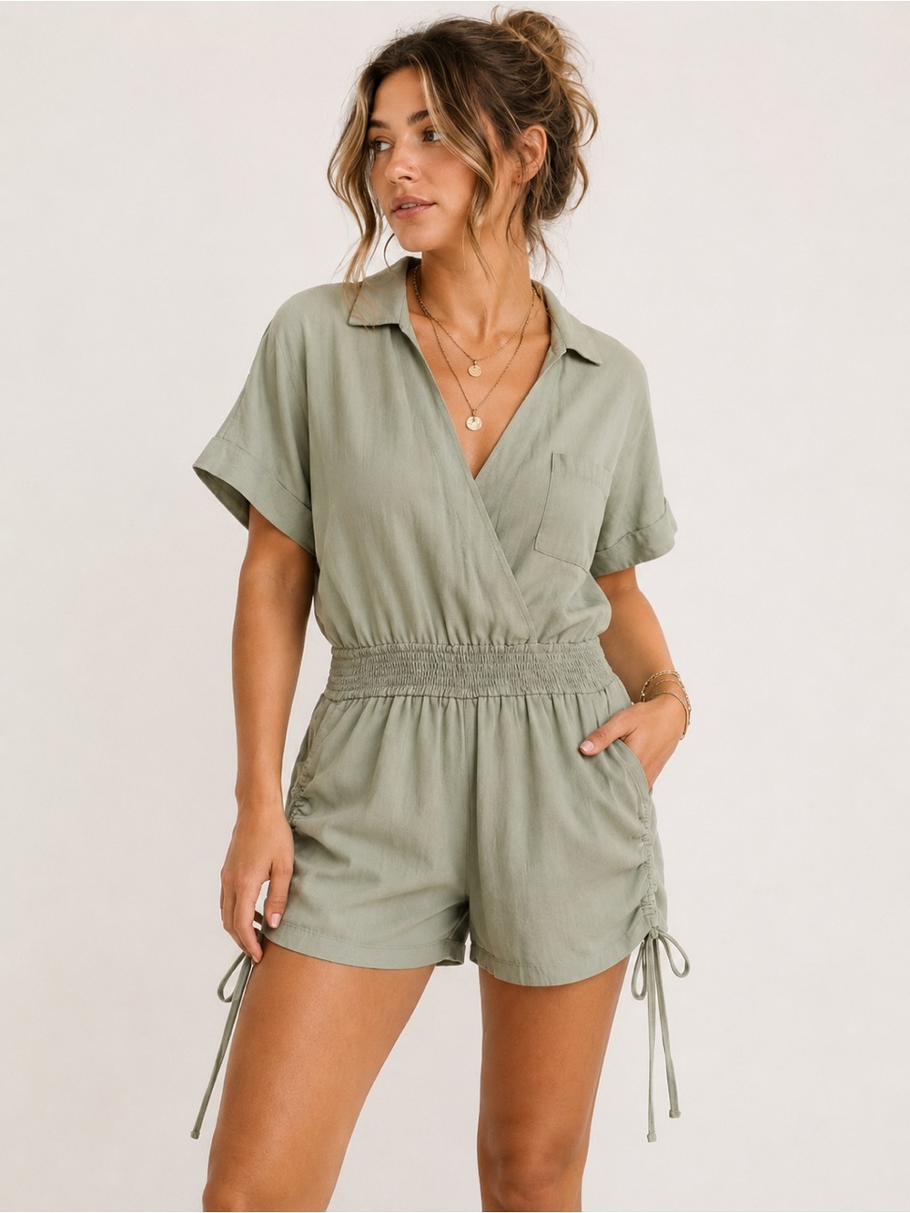 NWT Le Lis Collection Sage Green Linen Romper Smocked Waist Ruched Tie
